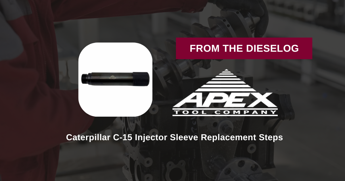 Step-by-step close up layout of heavy-duty Caterpillar injector sleeve driver tool resting on an engine overhaul bench